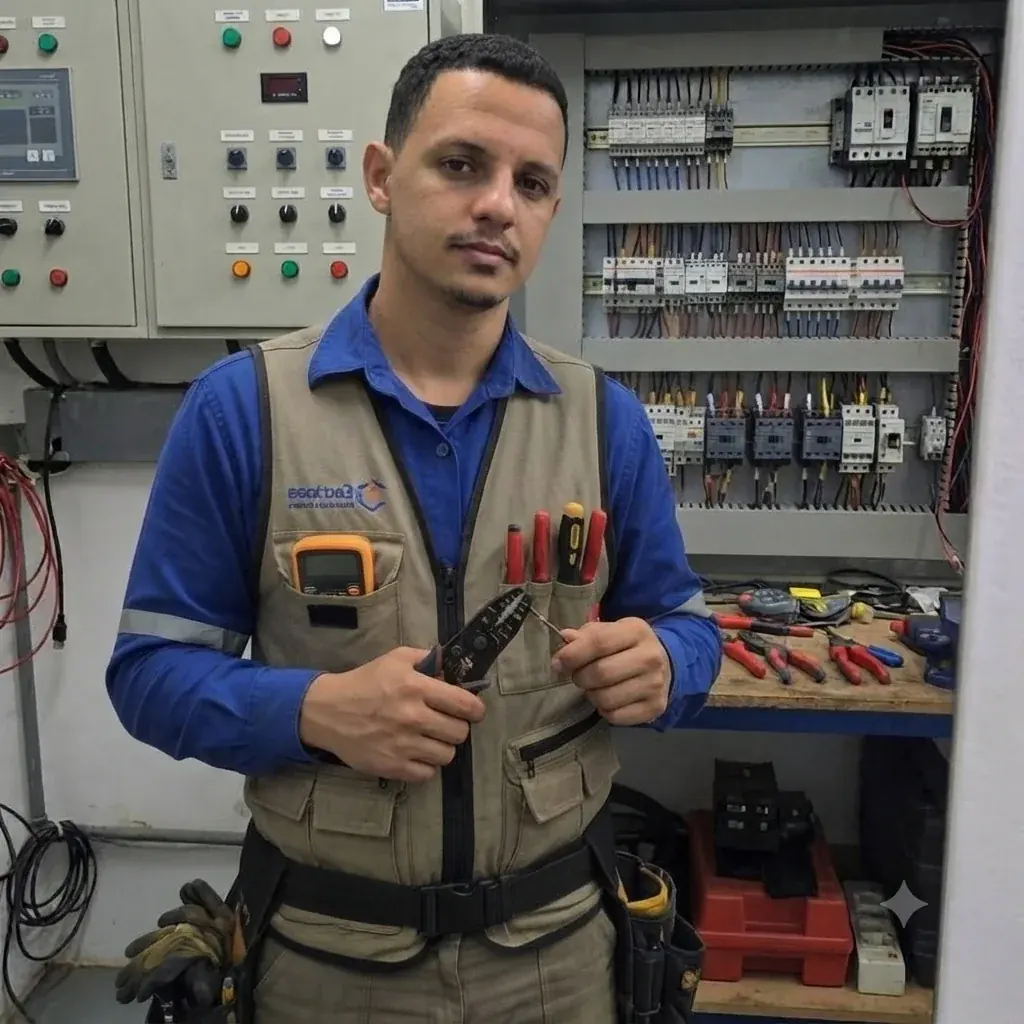 Henrique, eletricista profissional, em frente a um painel elétrico
